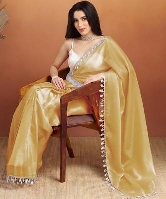 Yellow plain satin designer saree with blouse piece 3