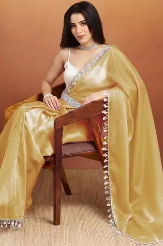 Yellow plain satin designer saree with blouse piece