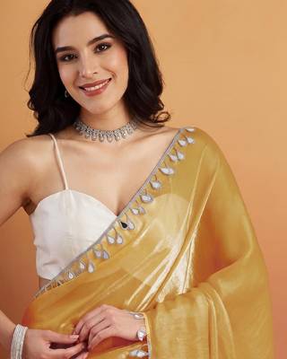 Yellow plain satin designer saree with blouse piece 4