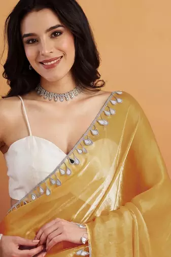 Yellow plain satin designer saree with blouse piece
