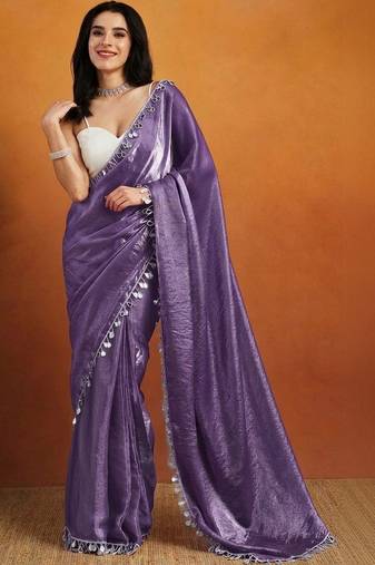 Purple plain satin designer saree with blouse piece
