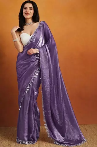 Purple plain satin designer saree with blouse piece