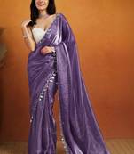 Purple plain satin designer saree with blouse piece