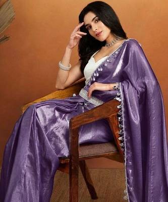 Purple plain satin designer saree with blouse piece 2
