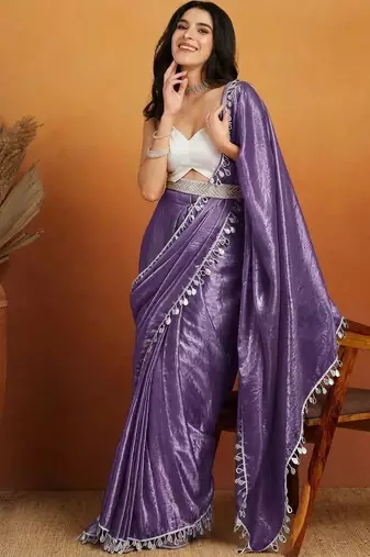 Purple plain satin designer saree with blouse piece
