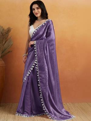 Purple plain satin designer saree with blouse piece 4