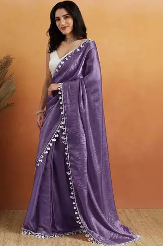 Purple plain satin designer saree with blouse piece