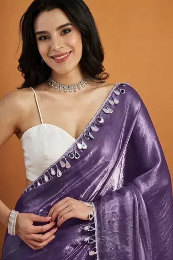 Purple plain satin designer saree with blouse piece