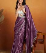 Purple plain satin designer saree with blouse piece