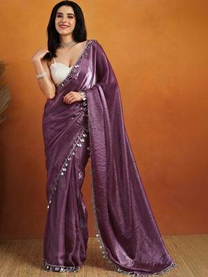 Purple plain satin designer saree with blouse piece 2