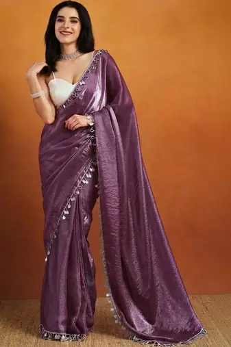 Purple plain satin designer saree with blouse piece