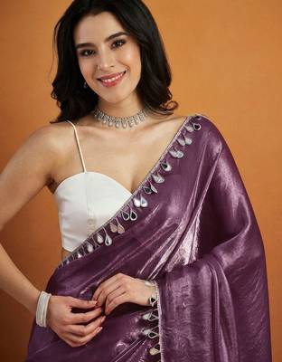 Purple plain satin designer saree with blouse piece 3