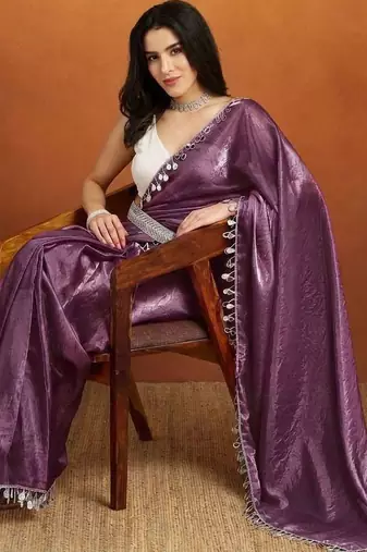 Purple plain satin designer saree with blouse piece