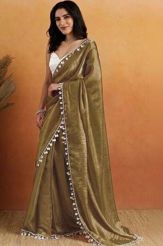 Olive plain satin designer saree with blouse piece