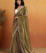 Olive plain satin designer saree with blouse piece
