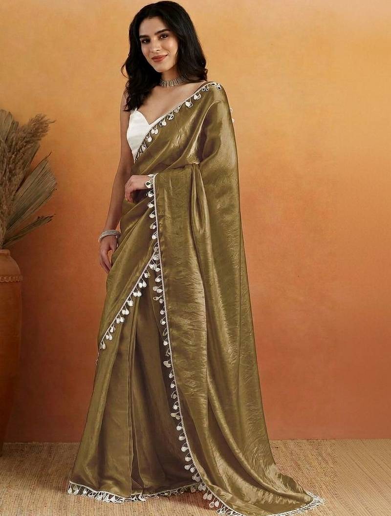 Olive plain satin designer saree with blouse piece