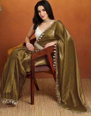 Olive plain satin designer saree with blouse piece 3