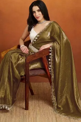 Olive plain satin designer saree with blouse piece