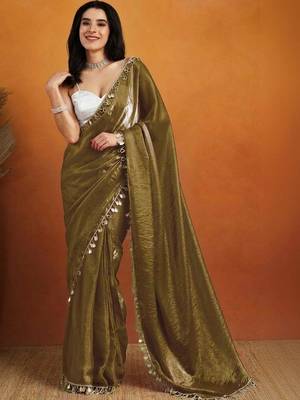 Olive plain satin designer saree with blouse piece 5