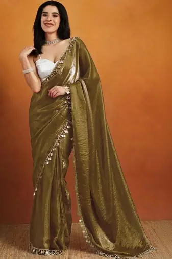 Olive plain satin designer saree with blouse piece