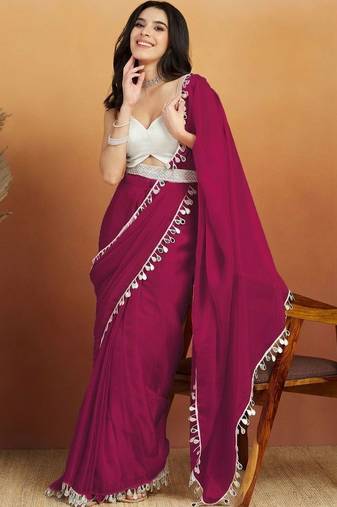 Magenta plain satin designer saree with blouse piece