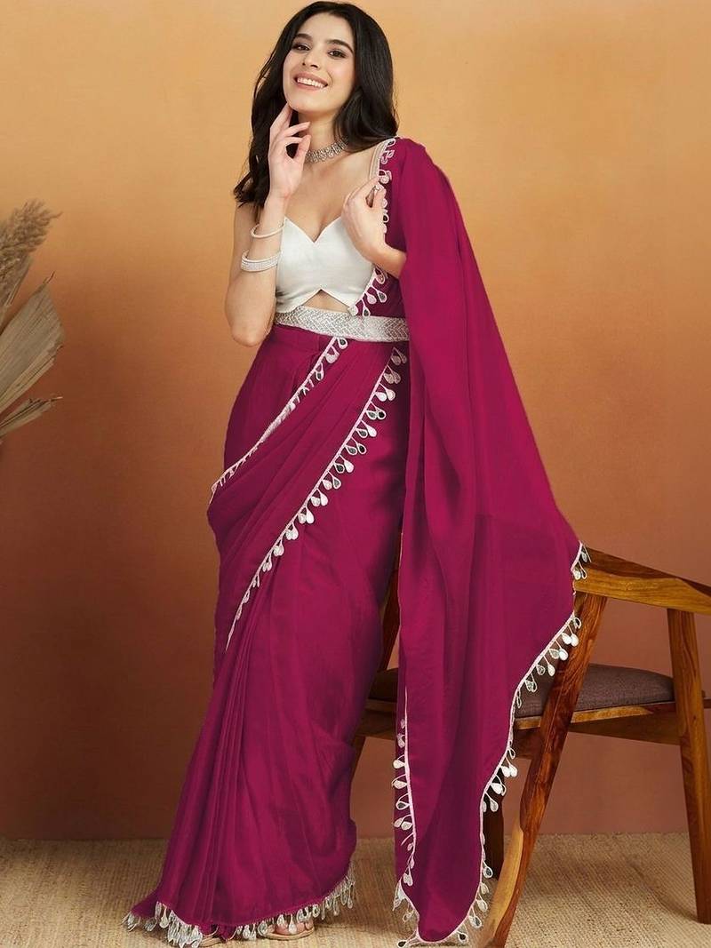 Magenta plain satin designer saree with blouse piece