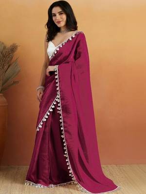 Magenta plain satin designer saree with blouse piece 2