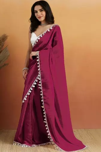 Magenta plain satin designer saree with blouse piece