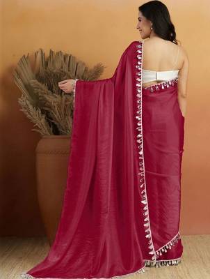 Magenta plain satin designer saree with blouse piece 3