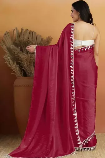 Magenta plain satin designer saree with blouse piece