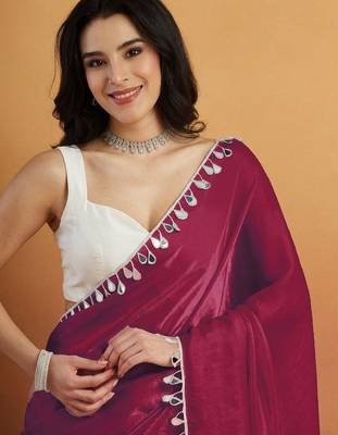 Magenta plain satin designer saree with blouse piece 5