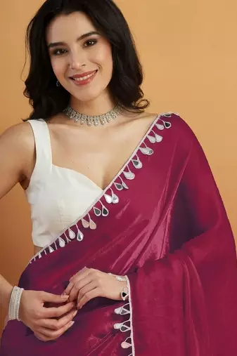 Magenta plain satin designer saree with blouse piece