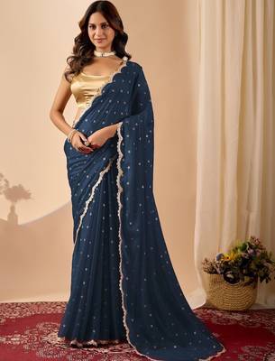 Navy blue embroidered georgette party wear saree with blouse piece 1