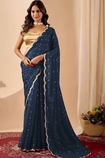 Navy blue embroidered georgette party wear saree with blouse piece