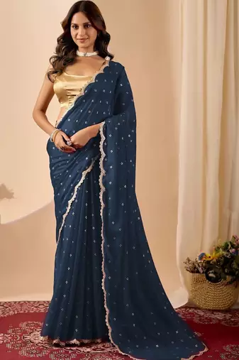 Navy blue embroidered georgette party wear saree with blouse piece