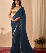 Navy blue embroidered georgette party wear saree with blouse piece