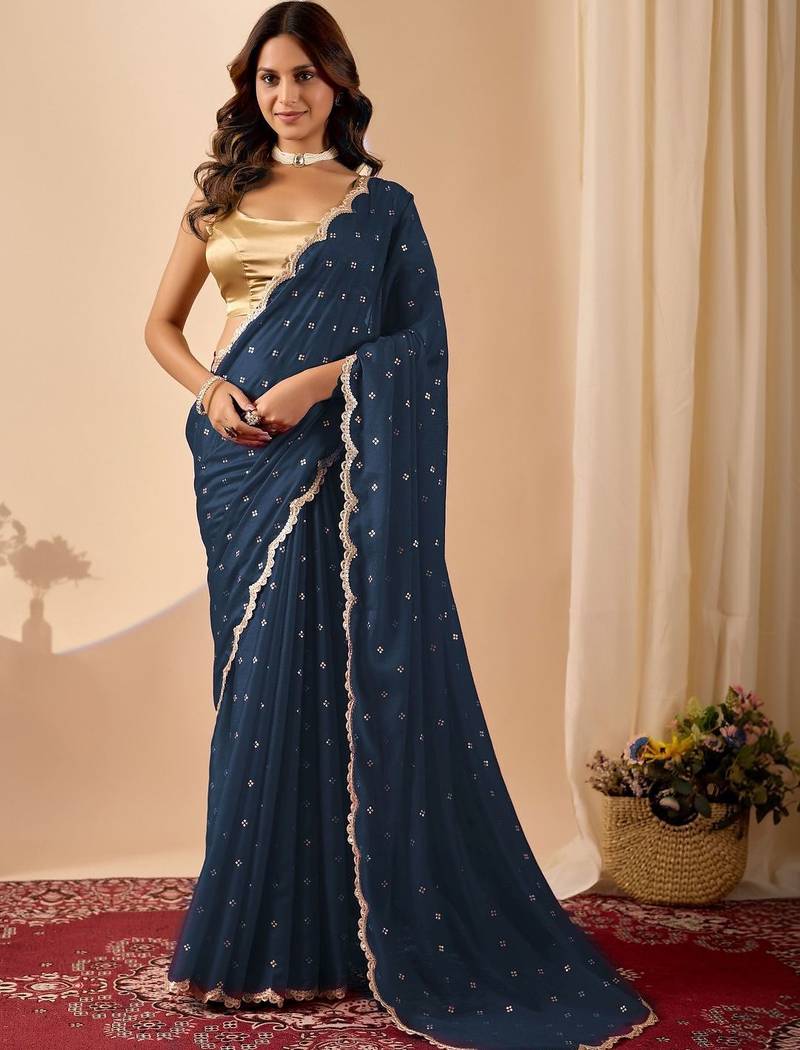 Navy blue embroidered georgette party wear saree with blouse piece