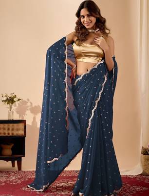 Navy blue embroidered georgette party wear saree with blouse piece 2