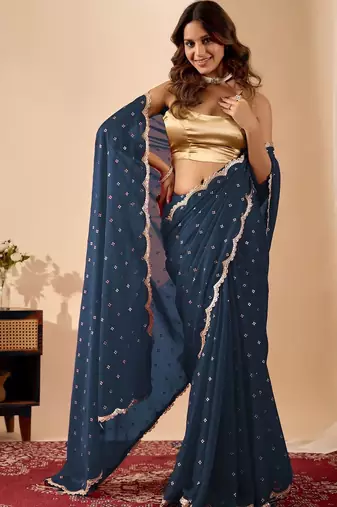 Navy blue embroidered georgette party wear saree with blouse piece