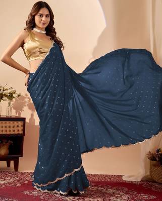 Navy blue embroidered georgette party wear saree with blouse piece 3