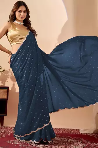 Navy blue embroidered georgette party wear saree with blouse piece