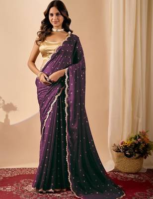 Purple embroidered georgette party wear saree with blouse piece 1