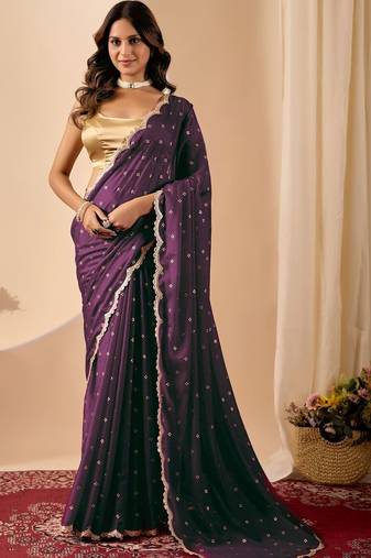 Purple embroidered georgette party wear saree with blouse piece