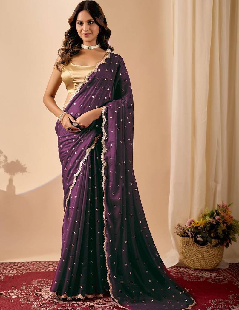 Purple embroidered georgette party wear saree with blouse piece