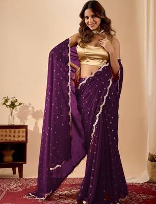 Purple embroidered georgette party wear saree with blouse piece 3