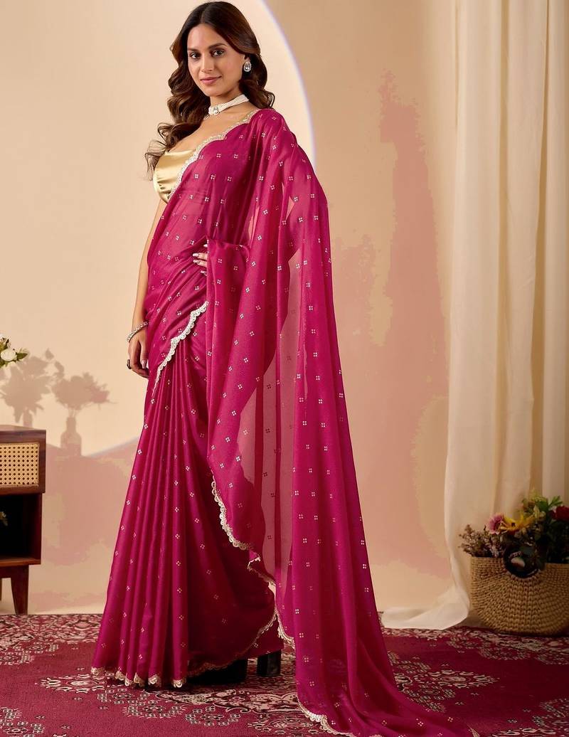 Magenta elegant printed georgette saree with blouse piece