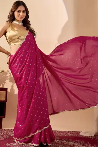 Magenta elegant printed georgette saree with blouse piece