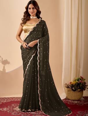 Black embroidered georgette party wear saree with blouse piece 1