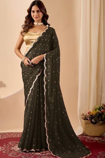 Black embroidered georgette party wear saree with blouse piece