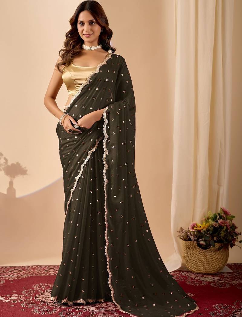 Black embroidered georgette party wear saree with blouse piece
